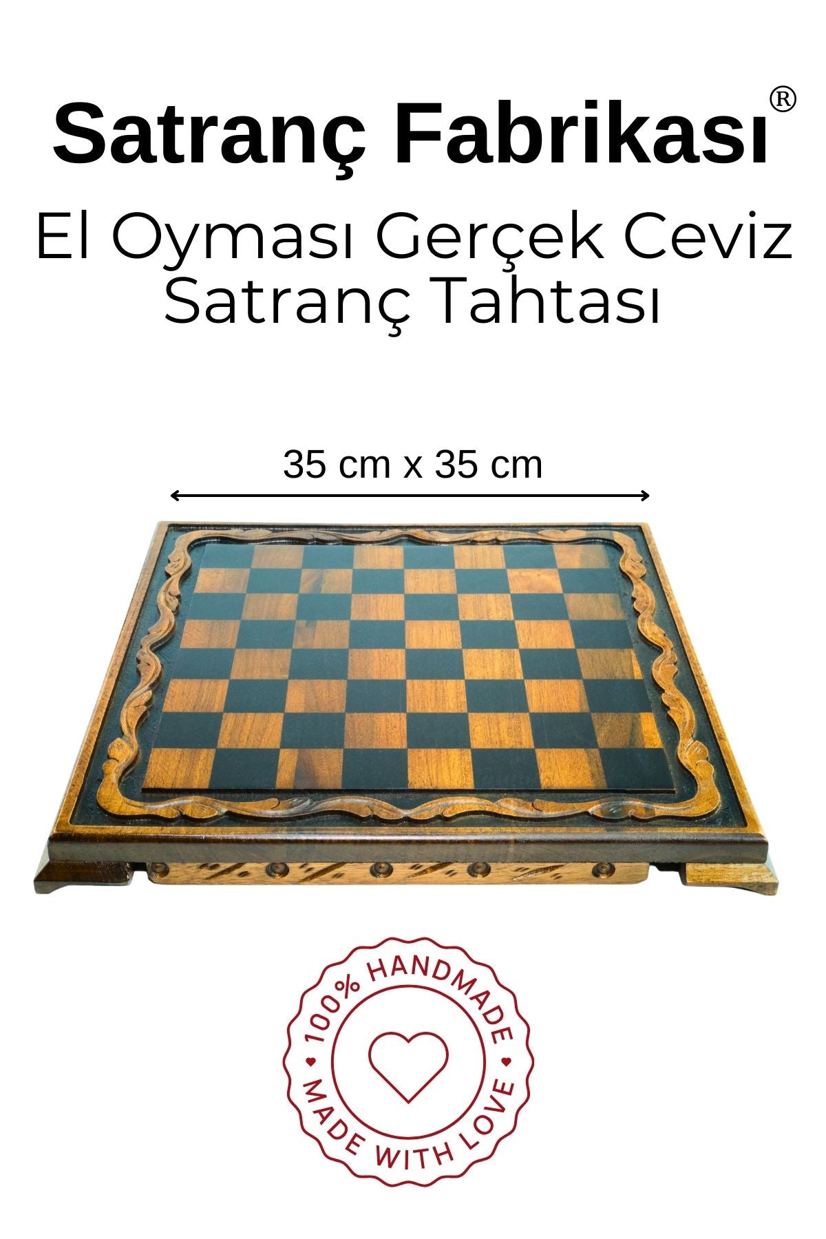 MC44 Büyük Boy Metal Satranç Takımı – Doğal Ahşap Ceviz Tahta – El Yapımı Antik Metal Taşlar 35x35cm