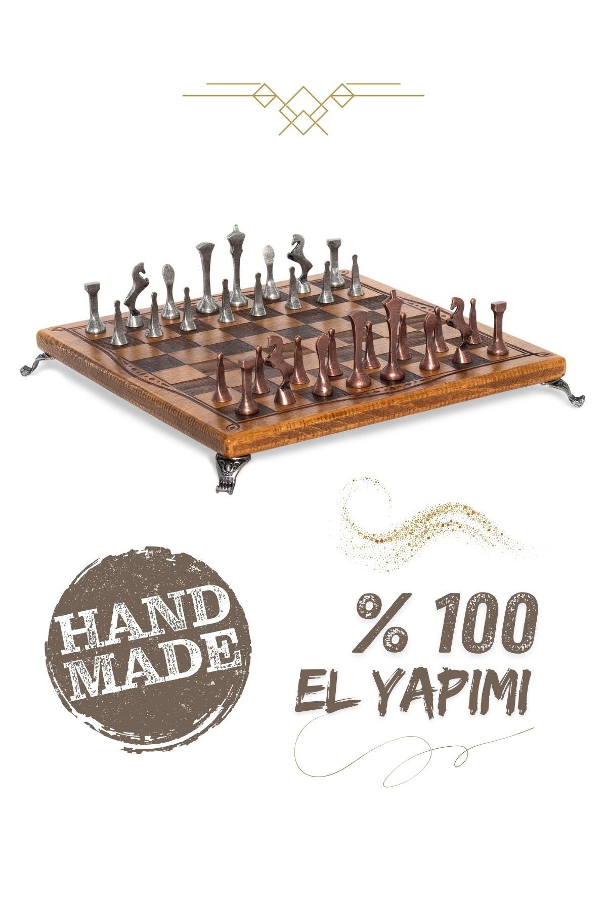 MC55 Metal Chess Set – 30×30 cm – Solid Beech Wood Chessboard – Handmade Antique Metal Pieces