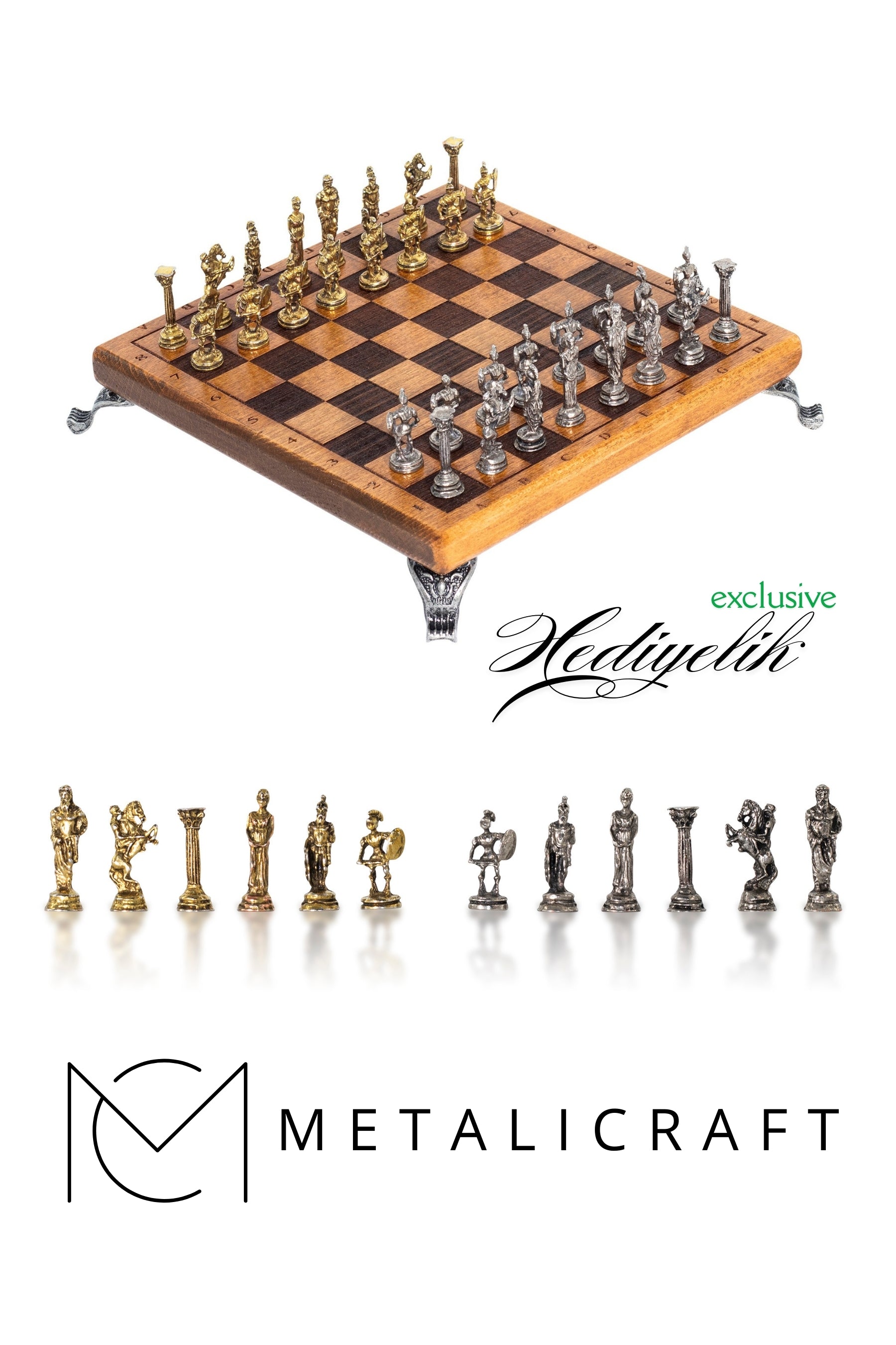 Metalicraft MC59 Handmade Chess Set – Byzantine Theme Metal Pieces & Solid Beech Wood Board – Perfect Gift