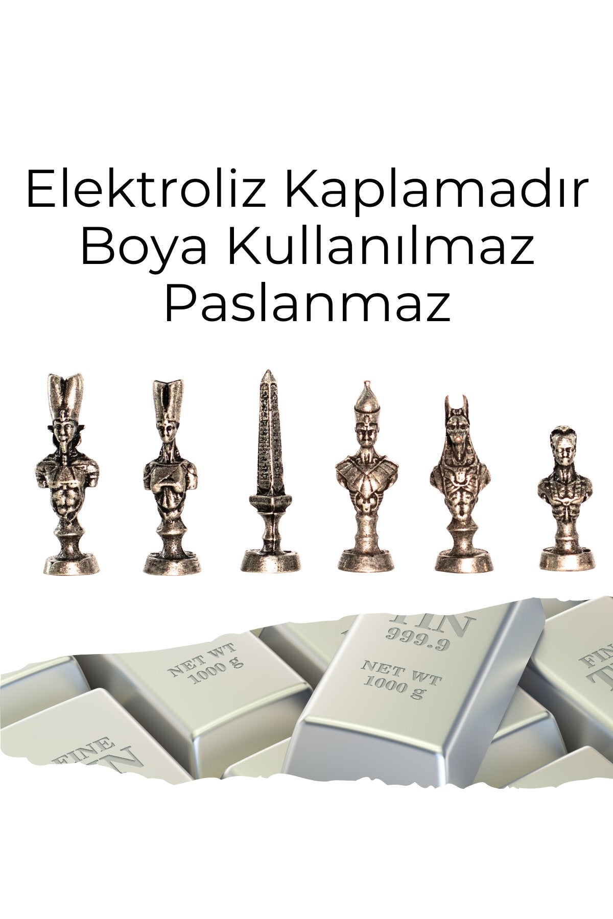 MC76 Antik Mısır Figürlü Metal Satranç Takımı - 30cm Mermer Desenli Tahta – El Yapımı Taşlar
