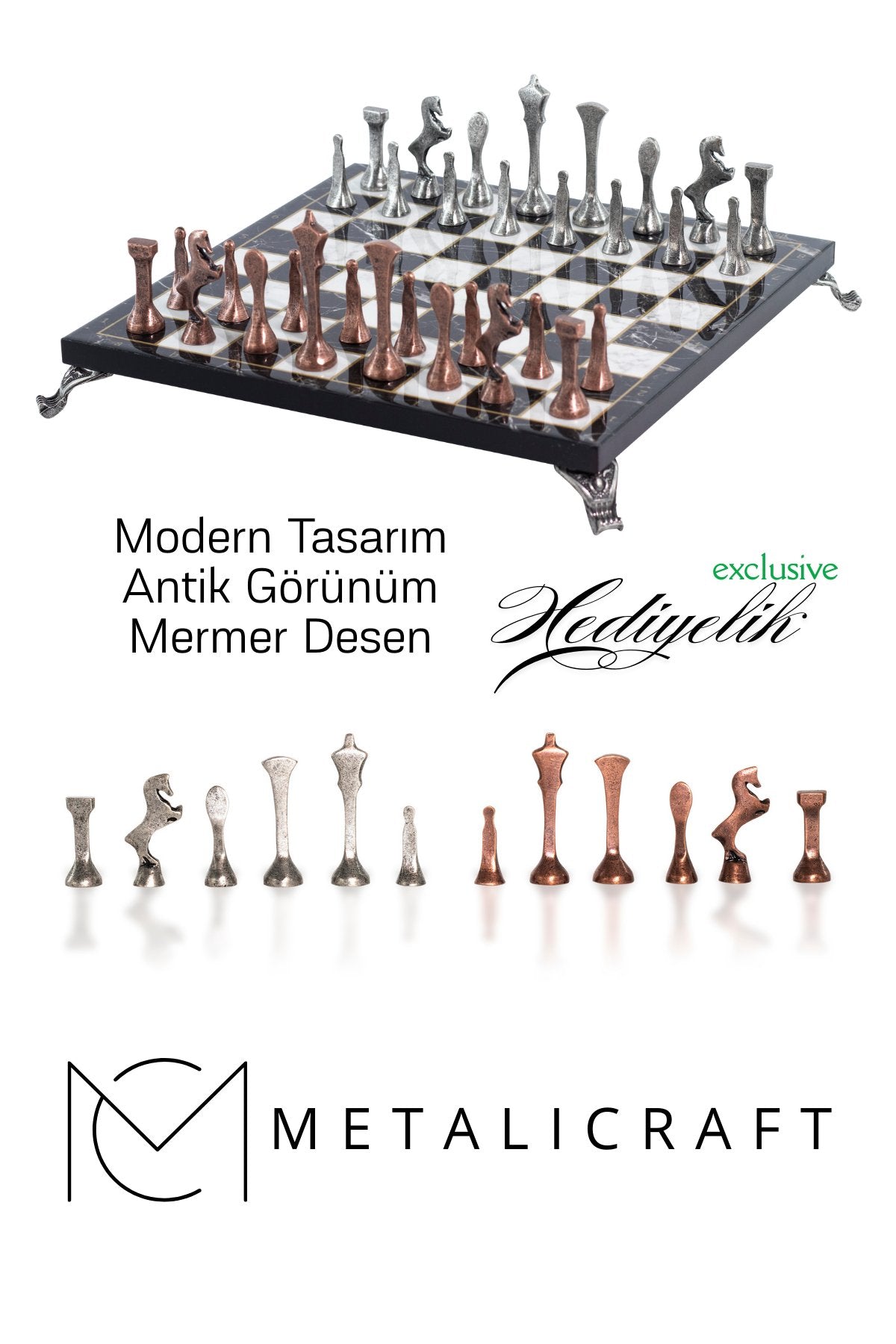 MC54 - Metal Satranç Takımı - 25cm Mermer Desenli Satranç Tahtası - Sertifikalı Antik Metal Taşlar