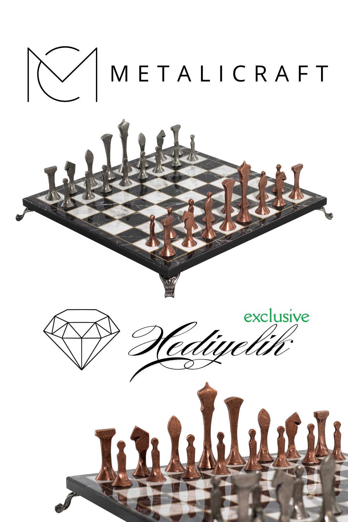 MC74 Metal Satranç Takımı - Mermer Desenli 30x30cm Ahşap Tahta - Büyük Boy Taş - Lüks Hediyelik