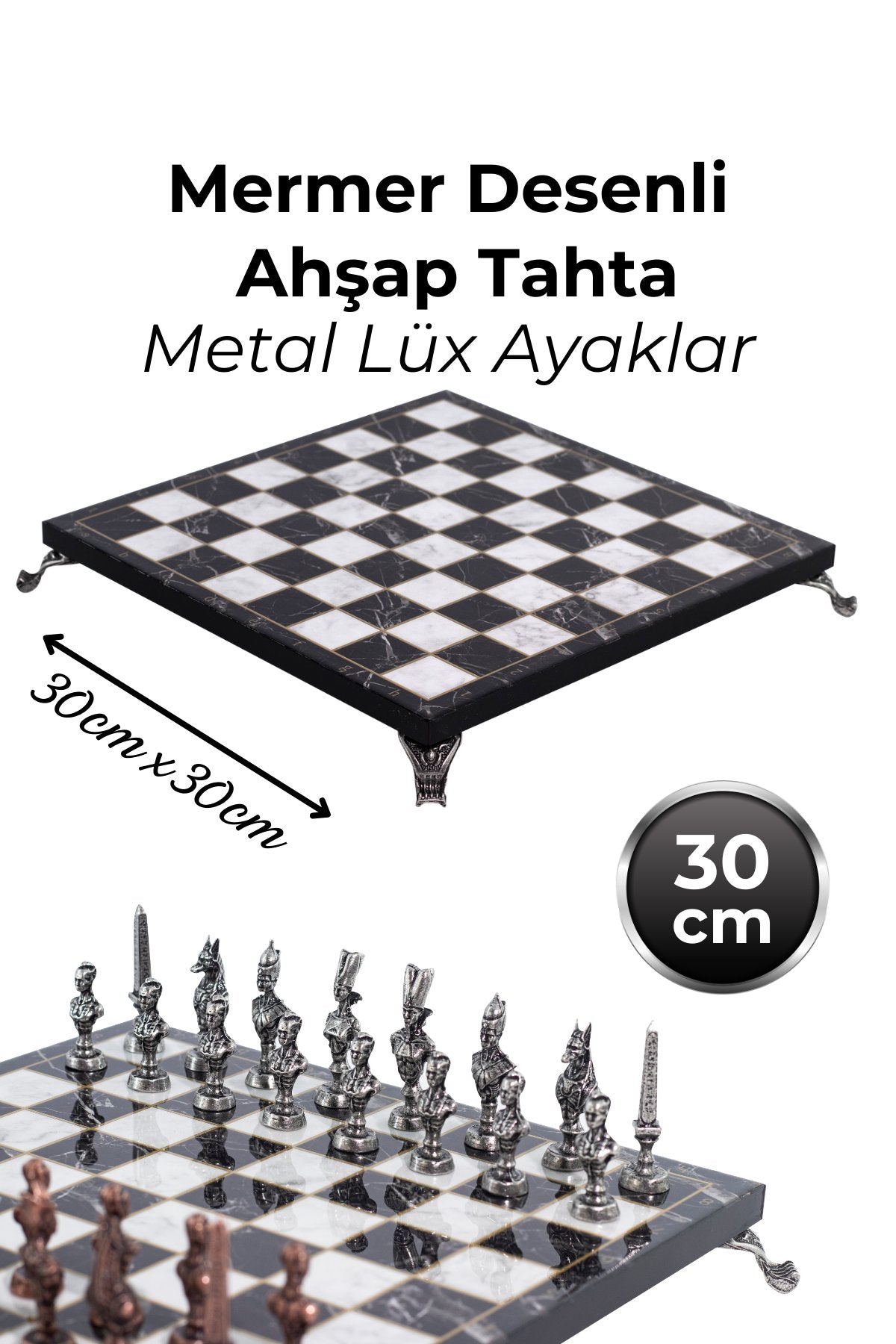 MC76 Antik Mısır Figürlü Metal Satranç Takımı - 30cm Mermer Desenli Tahta – El Yapımı Taşlar