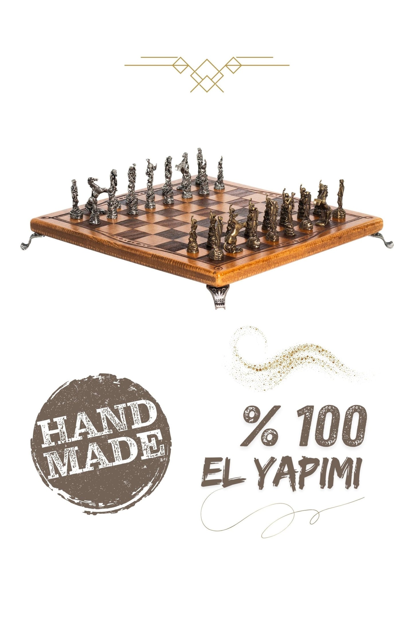 MC33 - Metal Satranç Takımı Çin Antik Figürlü Metal Taşlar – Gerçek Kayın Tahtası - Hediyelik Satranç Takımı - 25x25cm