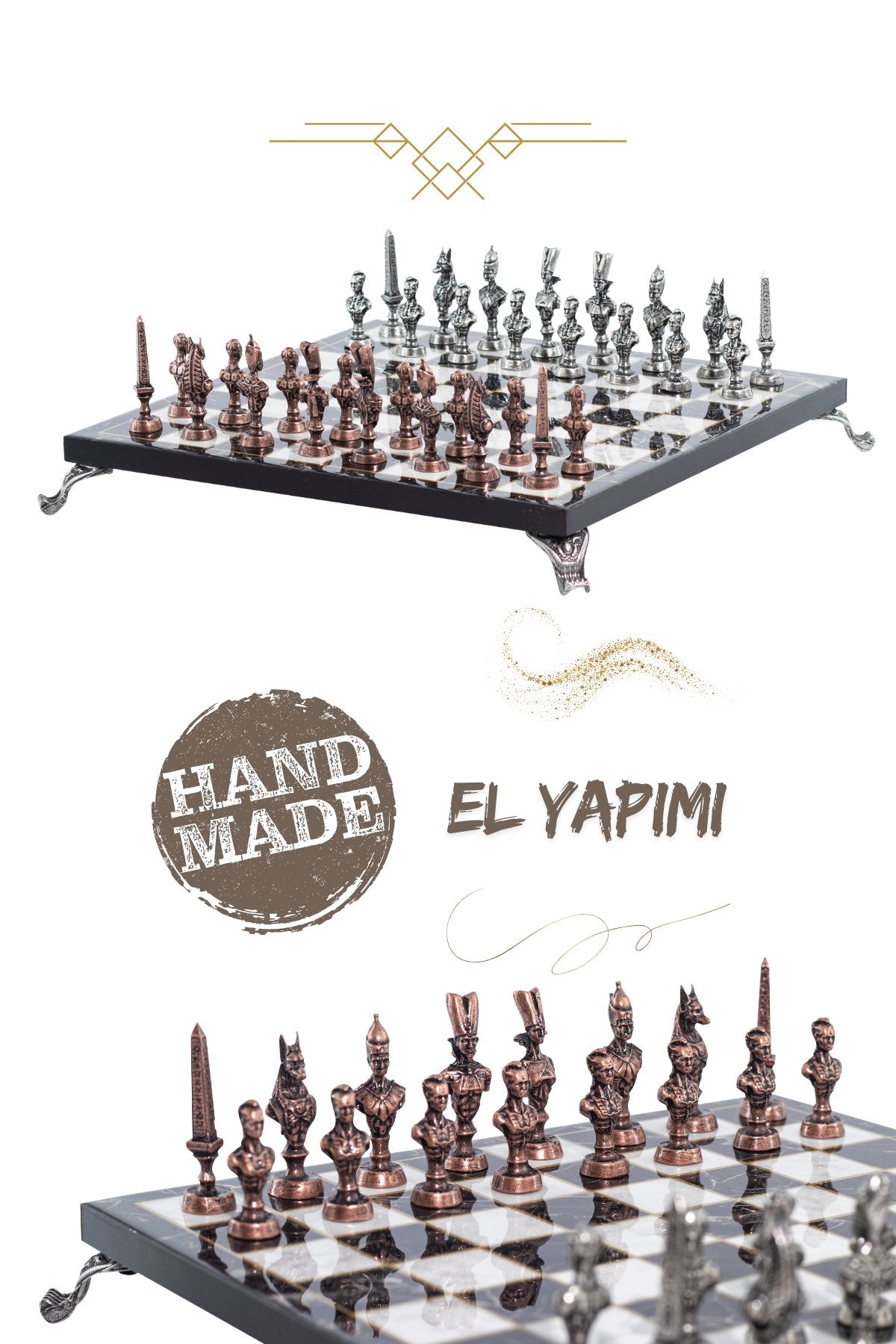 MC57 Antik Mısır Figürlü Metal Satranç Takımı - Mermer Desenli 25cm Tahta – El Yapımı Taşlar