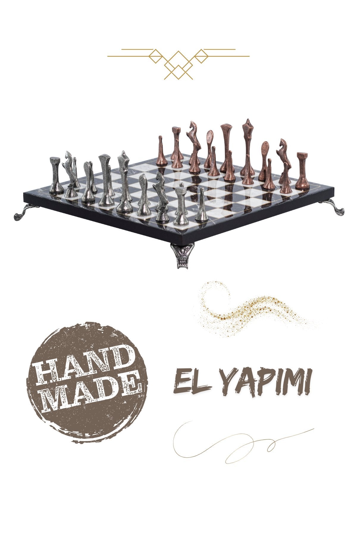 MC54 - Metal Satranç Takımı - 25cm Mermer Desenli Satranç Tahtası - Sertifikalı Antik Metal Taşlar