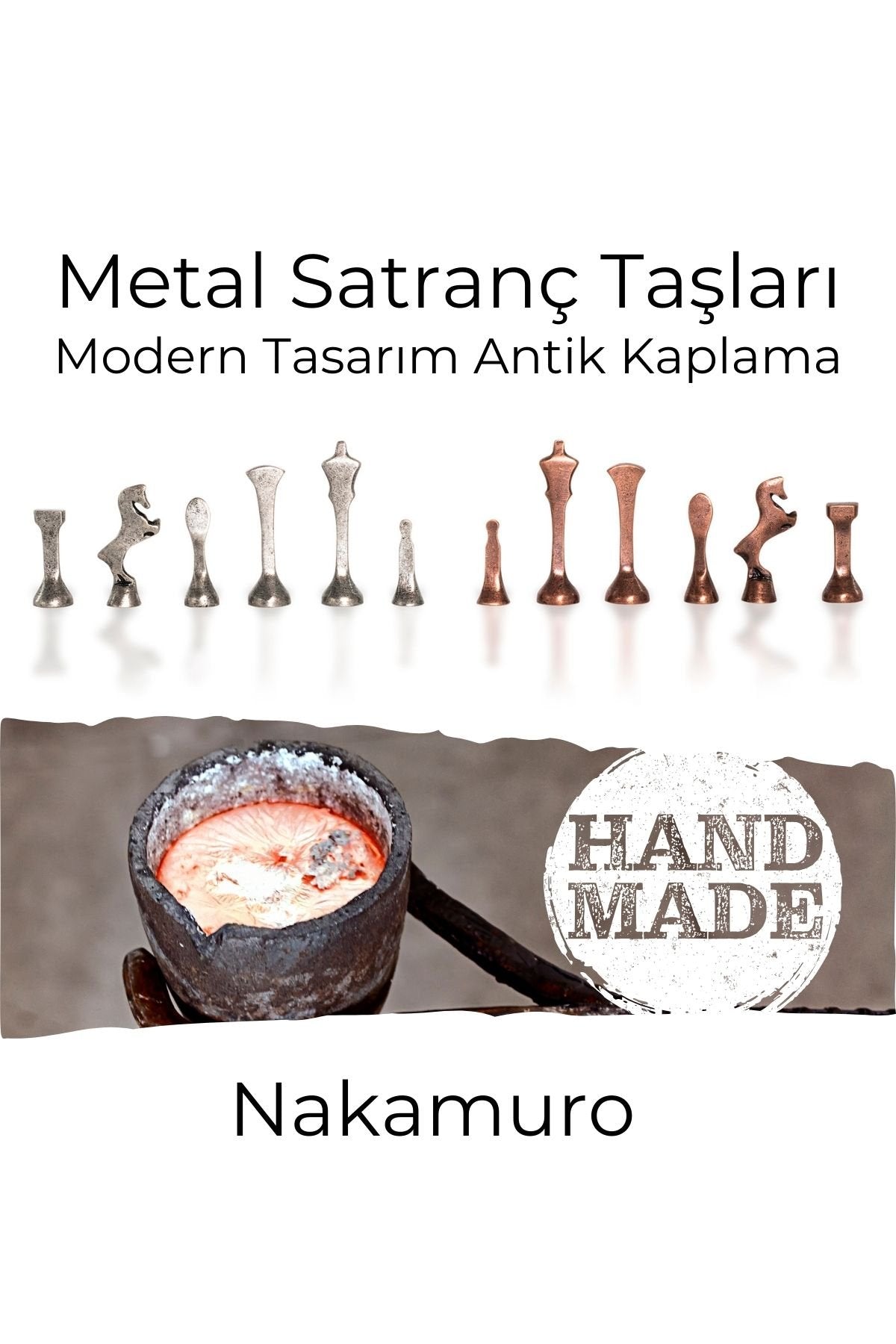 MC34 Metal Satranç Takımı | Gerçek Kayın Ağacı Satranç Tahtası - 25x25cm | Antik Metal Taşlar
