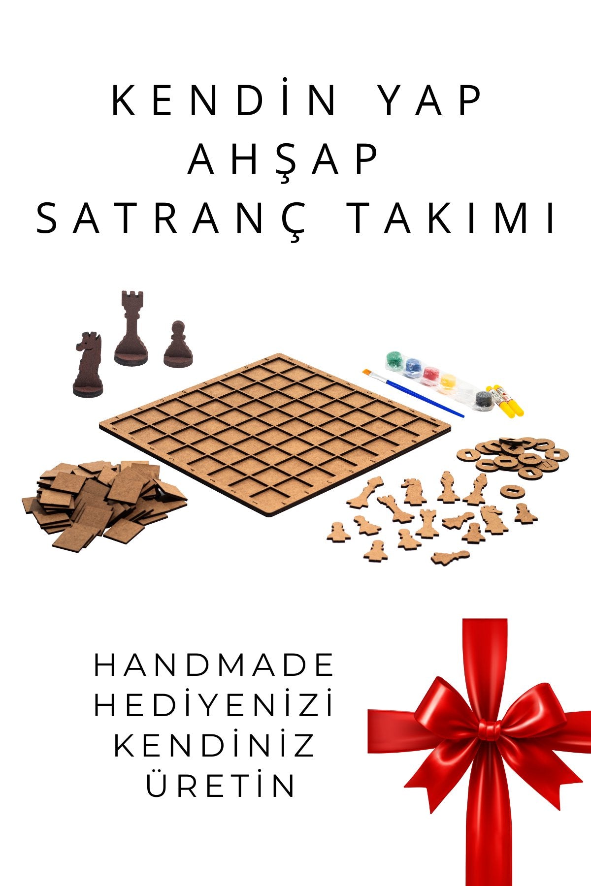 SF01 Kendin Yap Ahşap Satranç Takımı | DIY Ahşap Satranç | 27x27 cm | Boya ve Yapıştırıcı Hediyeli