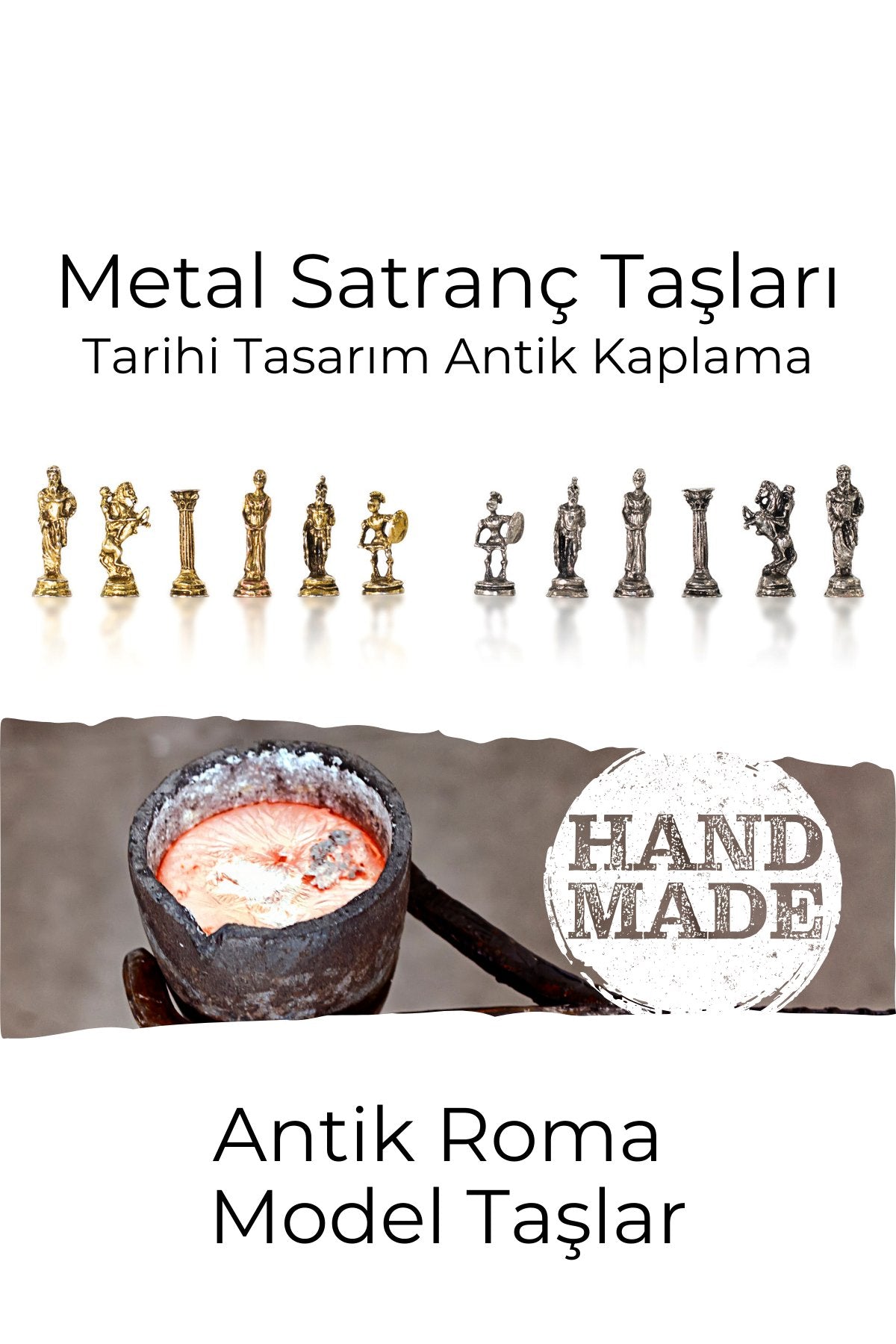 MC42 Antik Roma Metal Satranç Takımı - Mermer Desenli 25cm Tahta – El Yapımı Taşlar