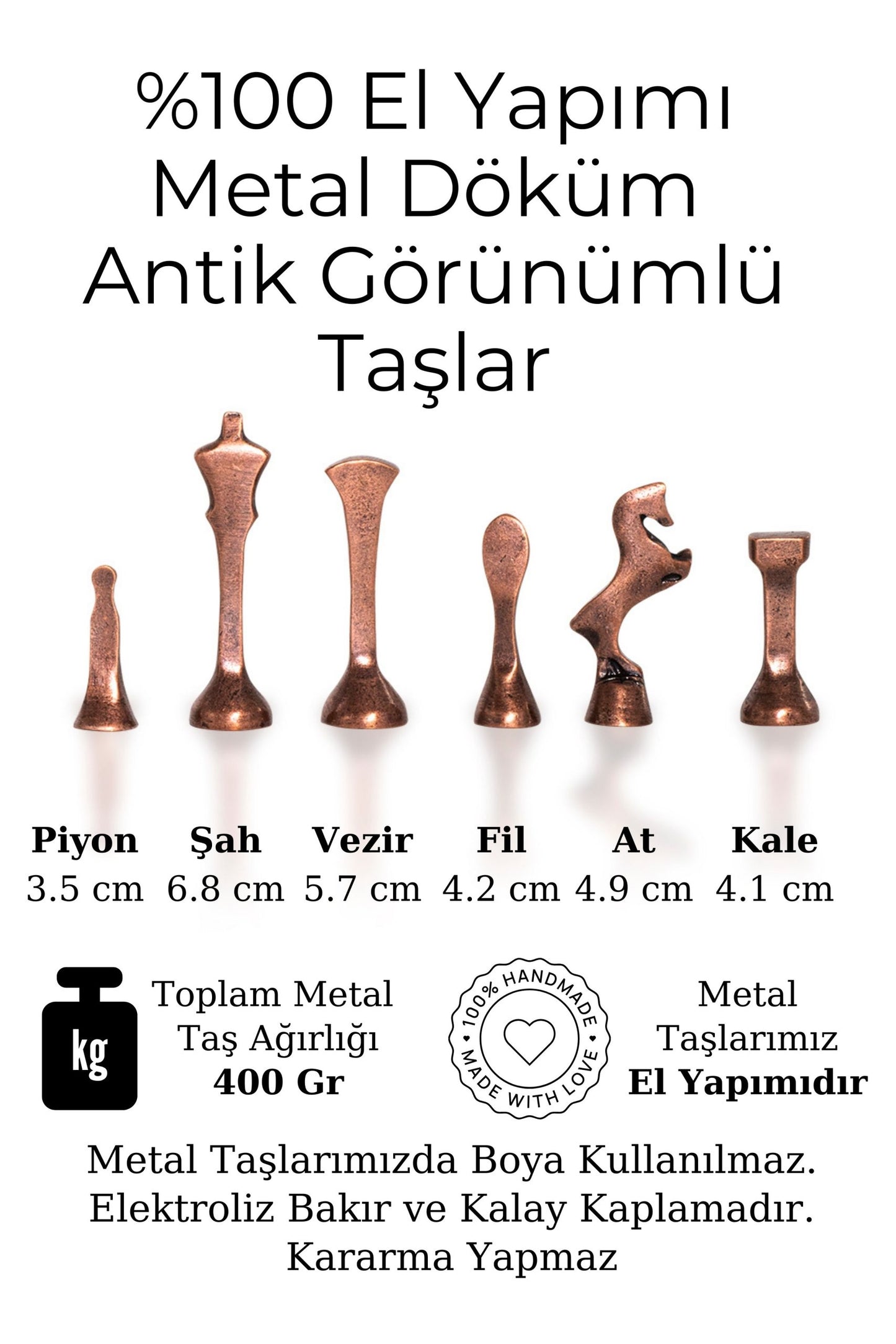 MC34 Metal Satranç Takımı | Gerçek Kayın Ağacı Satranç Tahtası - 25x25cm | Antik Metal Taşlar