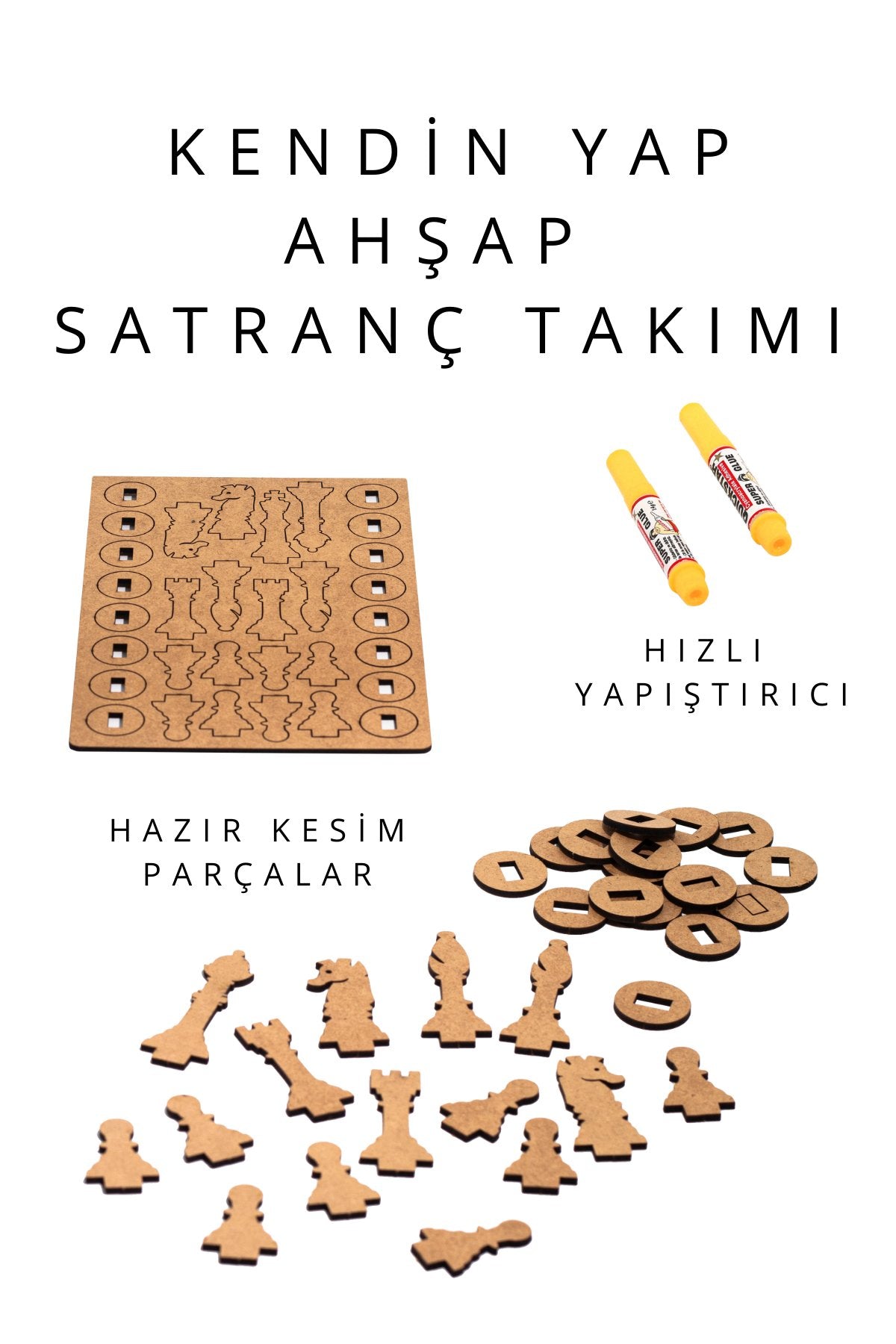 SF01 Kendin Yap Ahşap Satranç Takımı | DIY Ahşap Satranç | 27x27 cm | Boya ve Yapıştırıcı Hediyeli