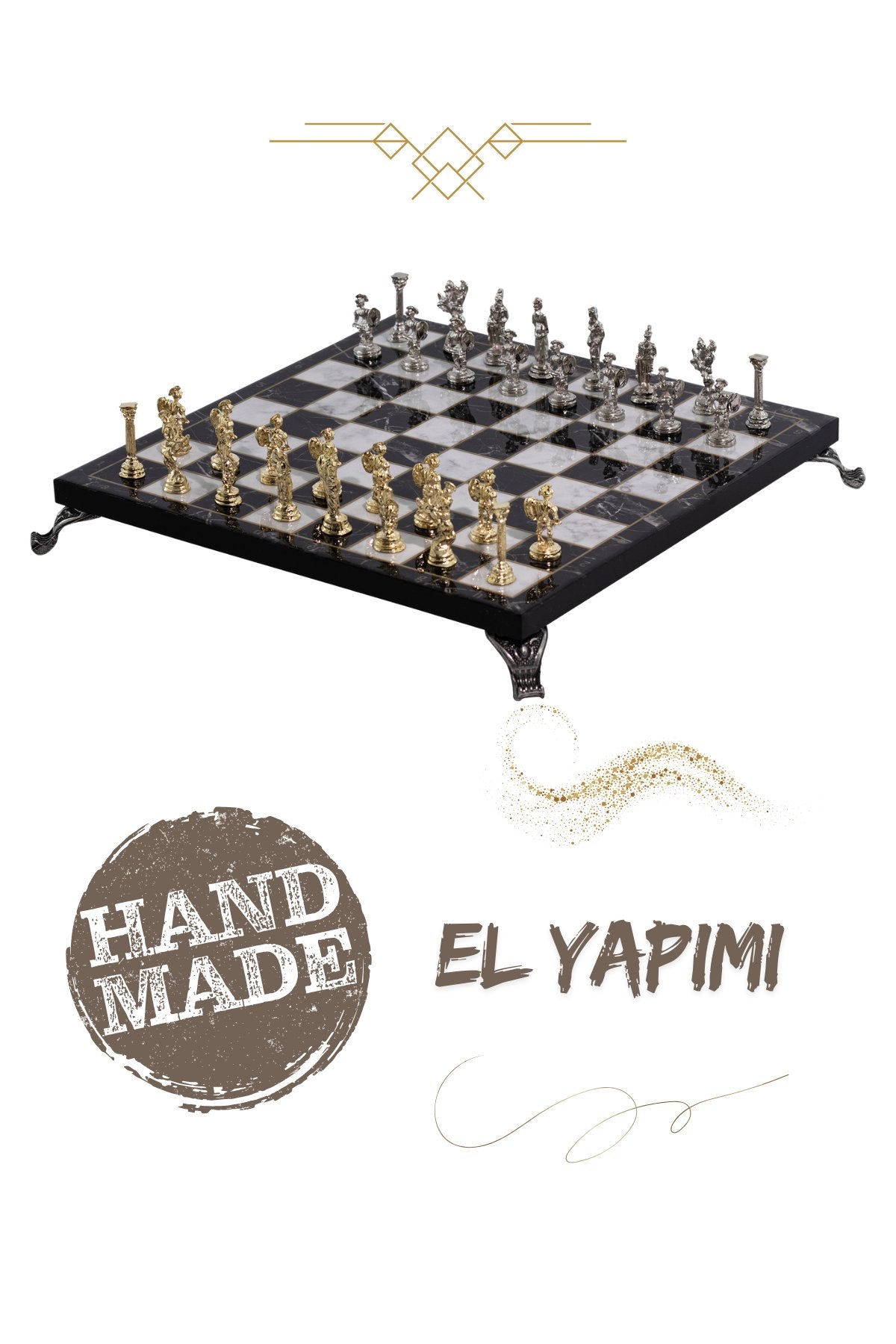 MC42 Antik Roma Metal Satranç Takımı - Mermer Desenli 25cm Tahta – El Yapımı Taşlar