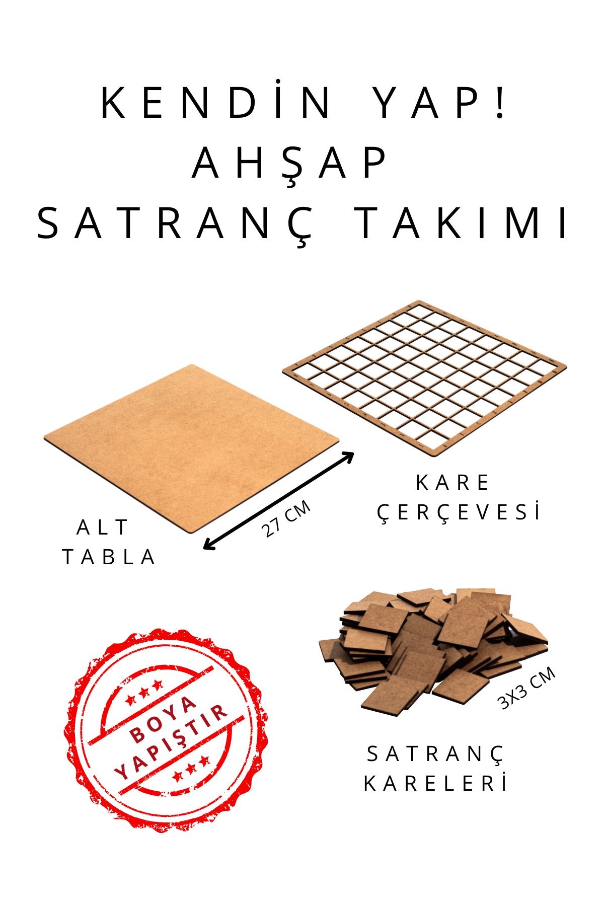 SF01 Kendin Yap Ahşap Satranç Takımı | DIY Ahşap Satranç | 27x27 cm | Boya ve Yapıştırıcı Hediyeli