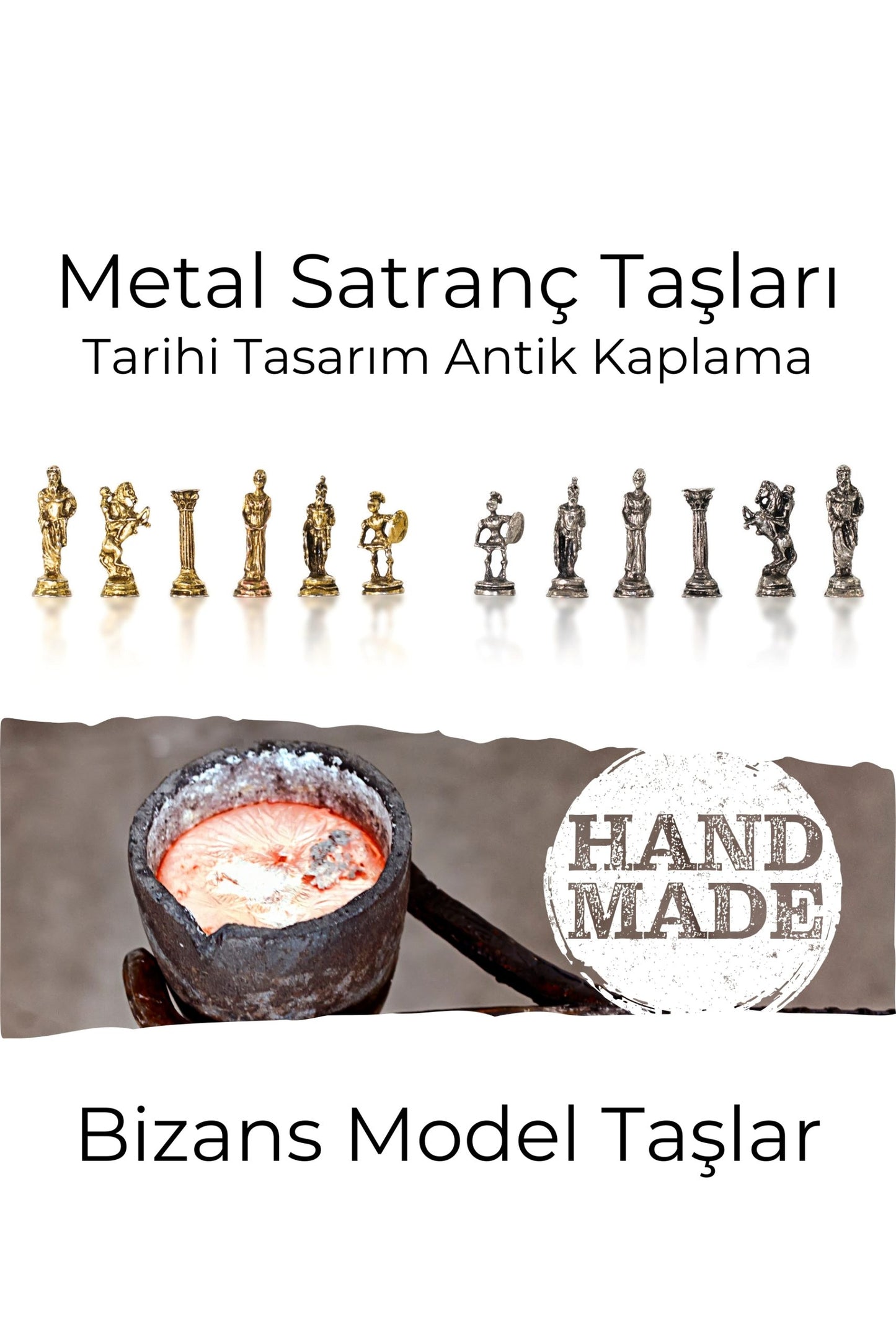 MC59 Satranç Takımı - Bizans Figürlü Metal Taşlar - Masif Kayın Satranç Tahtası -  El Yapımı - Hediyelik