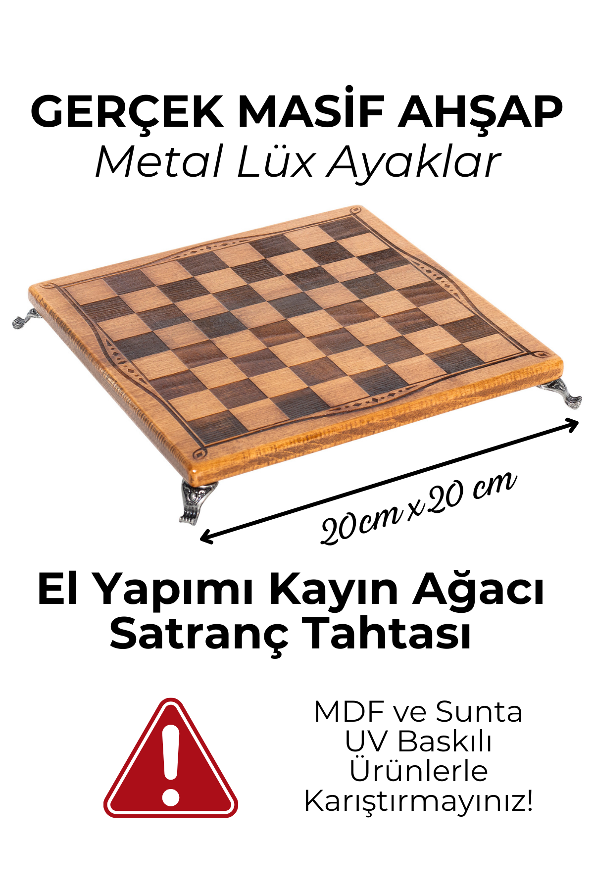 Ahşap Satranç Tahtası -20x20cm - El Yapımı Masif Gerçek Kayın Ağacından (Sadece Tahta)