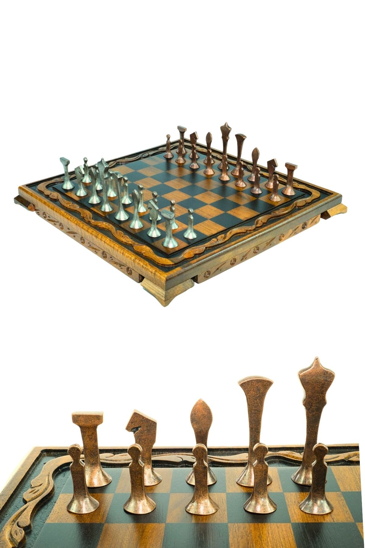 MC44 Büyük Boy Metal Satranç Takımı – Doğal Ahşap Ceviz Tahta – El Yapımı Antik Metal Taşlar 35x35cm