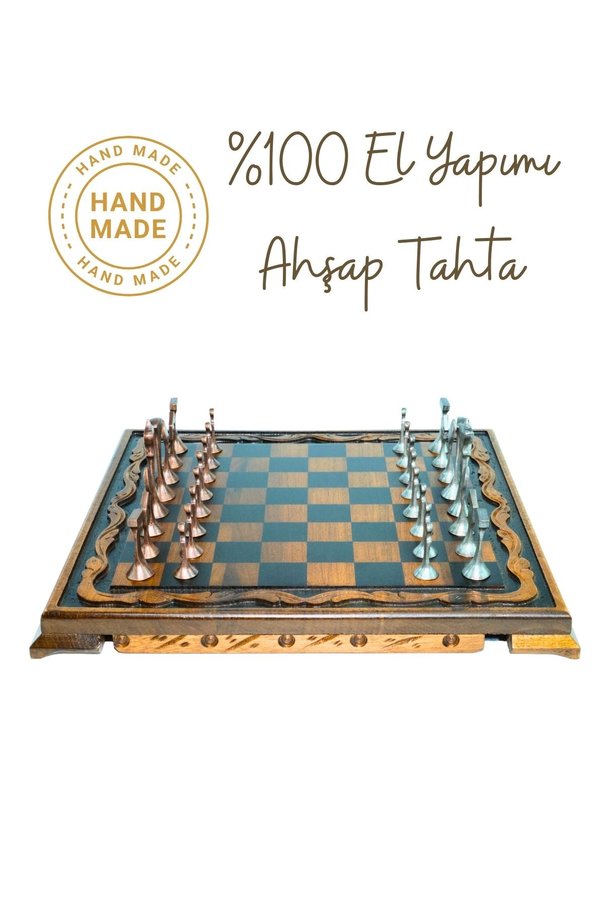 MC44 Büyük Boy Metal Satranç Takımı – Doğal Ahşap Ceviz Tahta – El Yapımı Antik Metal Taşlar 35x35cm