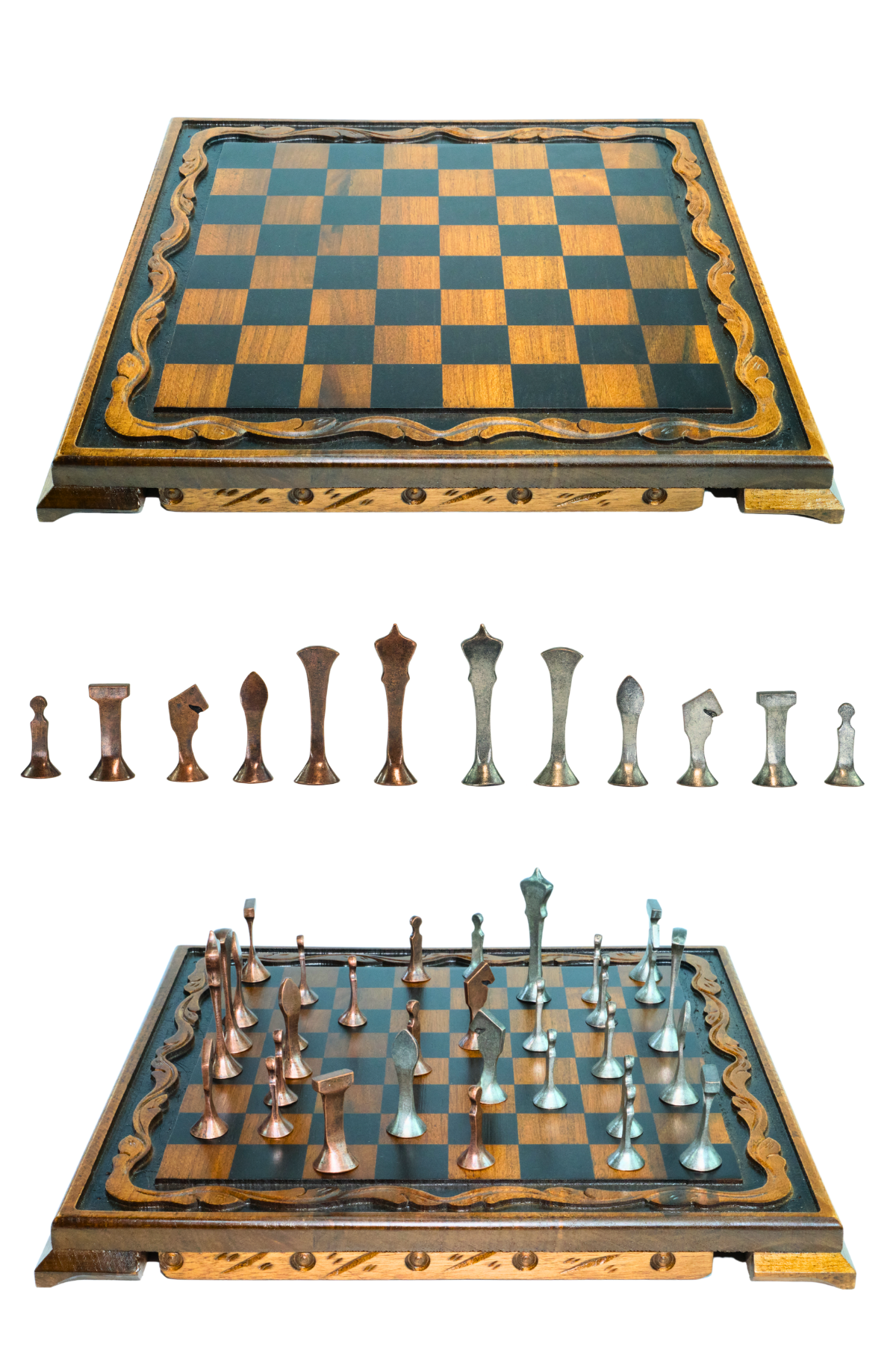 MC44 Büyük Boy Metal Satranç Takımı – Doğal Ahşap Ceviz Tahta – El Yapımı Antik Metal Taşlar 35x35cm