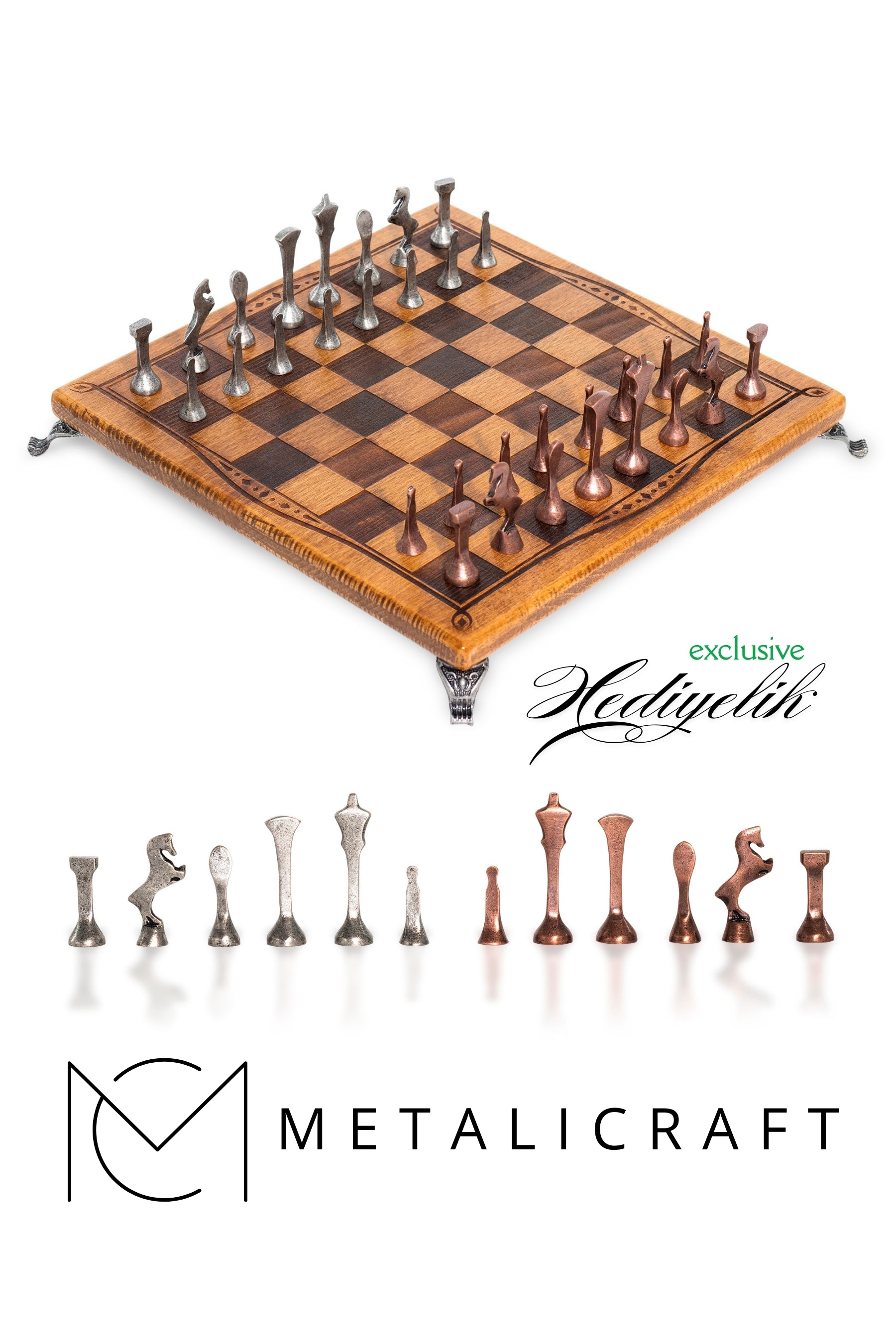 MC55 Metal Satranç Takımı - 30x30 cm – Masif Kayın Ağacı Satranç Tahtası- El Yapımı Antik Metal Taşlar