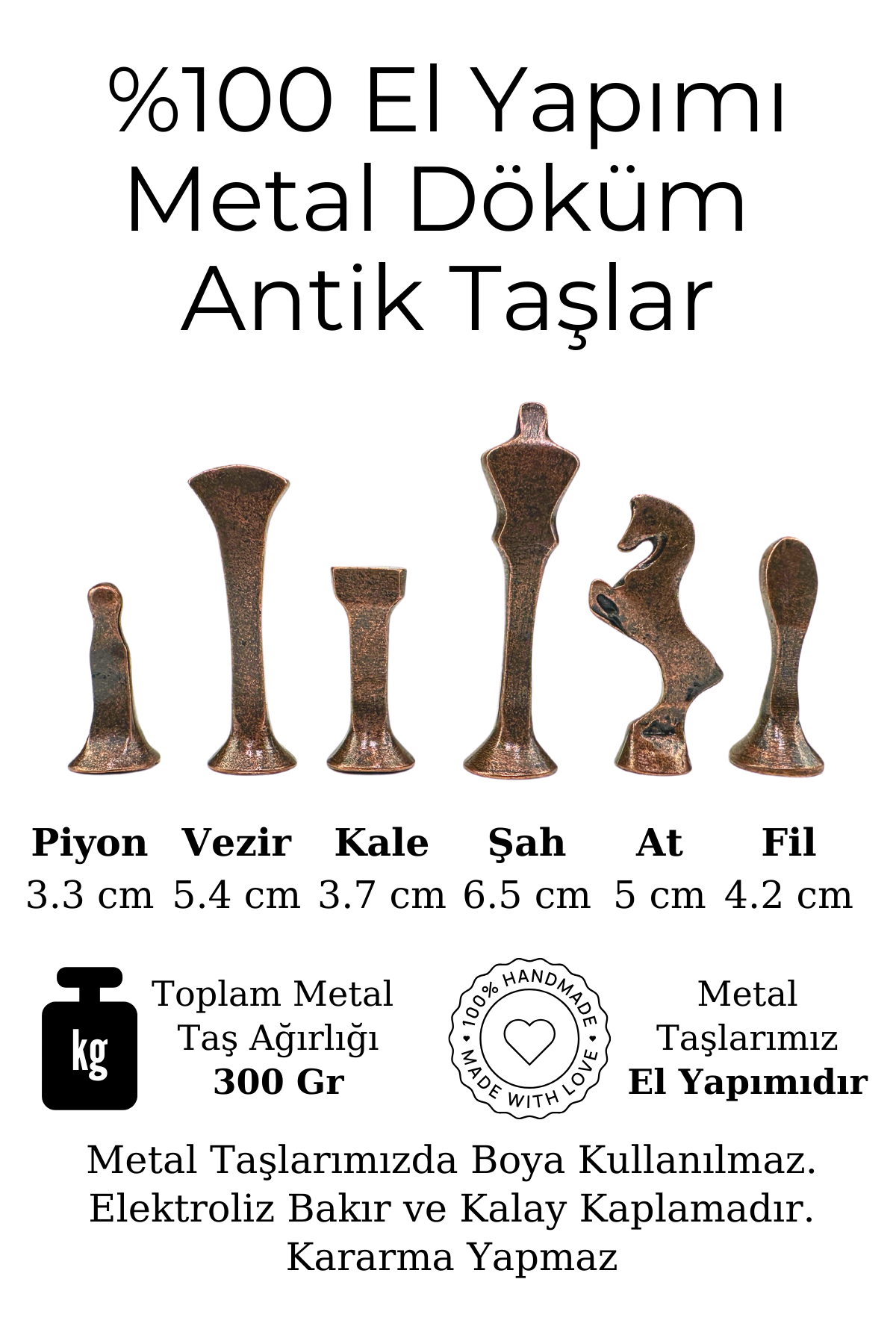 MC53 Metal Satranç Takımı – Orta Boy – Doğal Ahşap Ceviz Ağacı Tahta – El Yapımı Antik Metal Taşlar