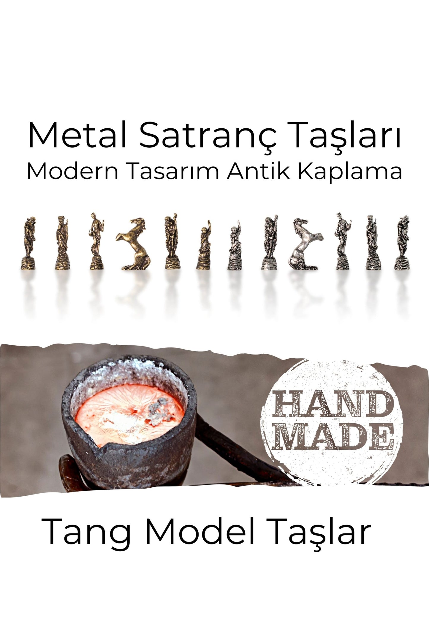 MC97 Metal Satranç Takımı – Çin Antik Temalı Figürlü Metal Taşlar - Gerçek Masif Kayın Satranç Tahtası