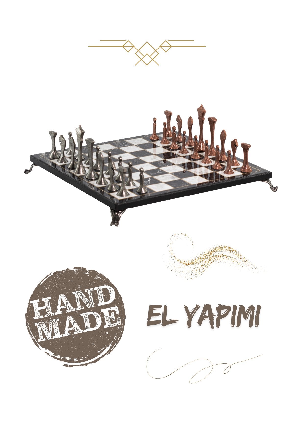 MC74 Metal Satranç Takımı - Mermer Desenli 30x30cm Ahşap Tahta - Büyük Boy Taş - Lüks Hediyelik