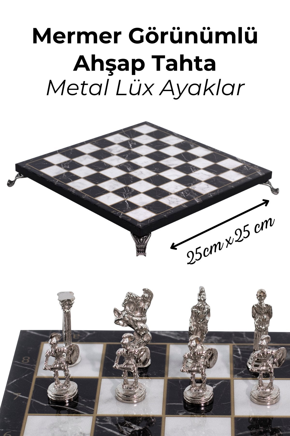 MC42 Antik Roma Metal Satranç Takımı - Mermer Desenli 25cm Tahta – El Yapımı Taşlar