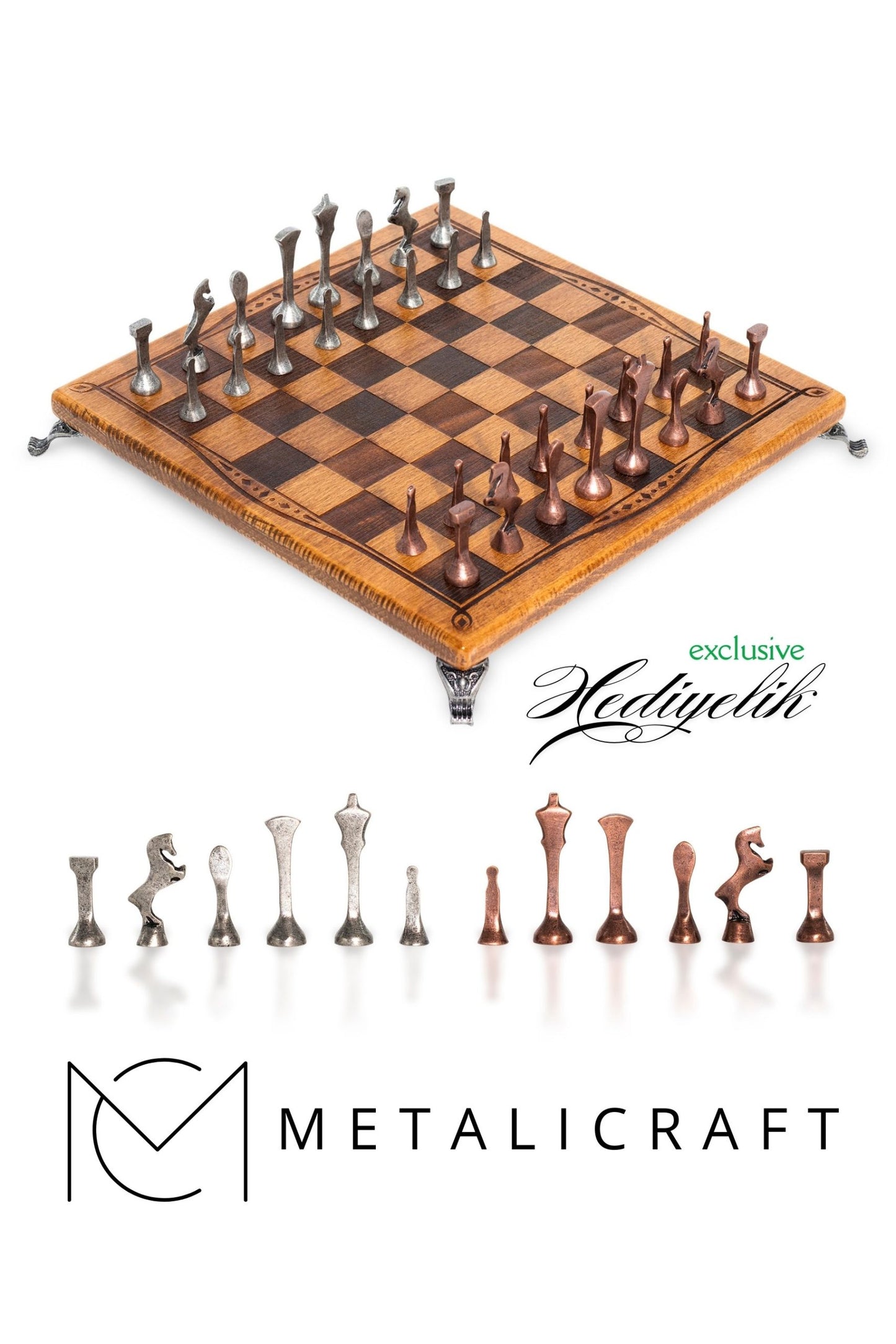 MC34 Metal Satranç Takımı | Gerçek Kayın Ağacı Satranç Tahtası - 25x25cm | Antik Metal Taşlar