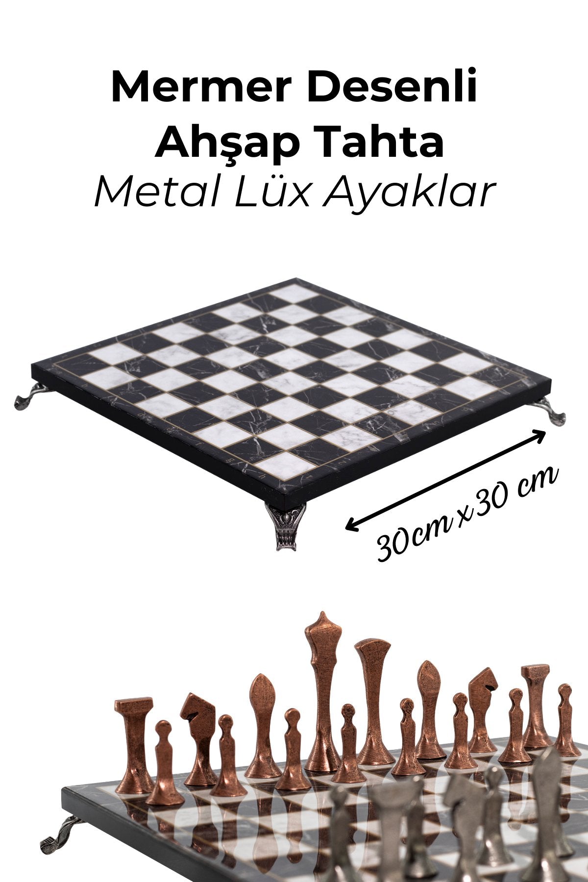 MC74 Metal Satranç Takımı - Mermer Desenli 30x30cm Ahşap Tahta - Büyük Boy Taş - Lüks Hediyelik