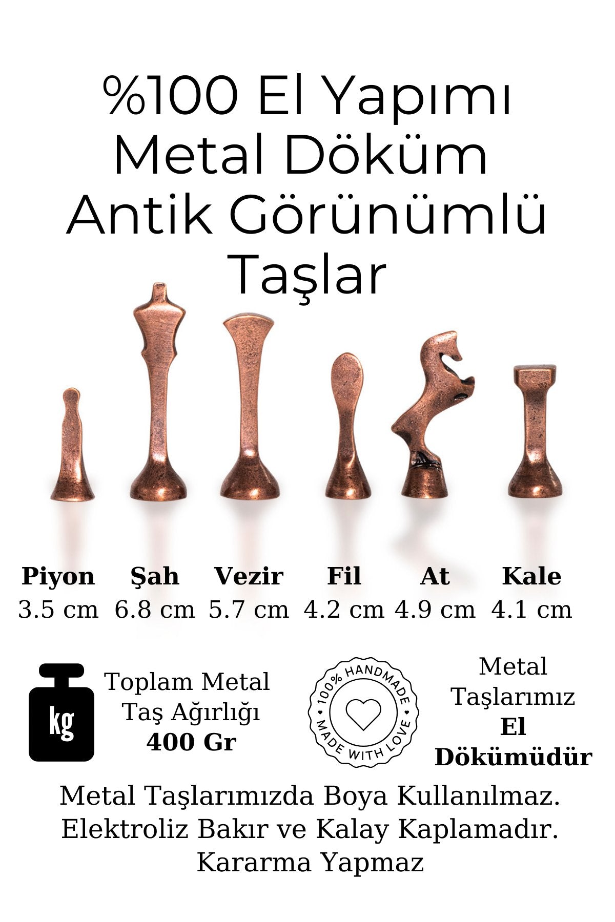 MC54 - Metal Satranç Takımı - 25cm Mermer Desenli Satranç Tahtası - Sertifikalı Antik Metal Taşlar