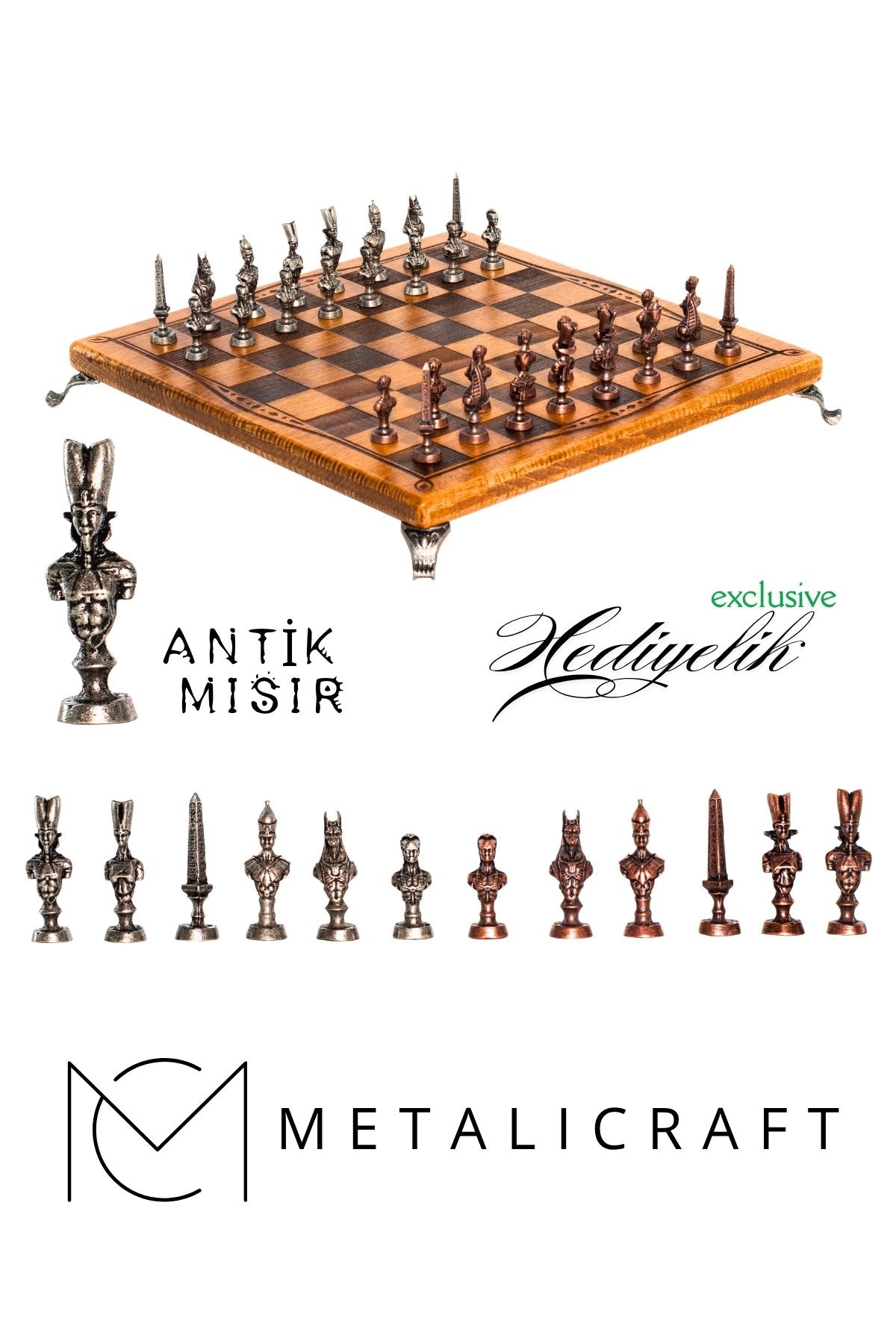 MC32 Antik Mısır Figürlü Büyük Boy Metal Satranç Takımı - Lüks Hediyelik Satranç Takımı - 30x30cm
