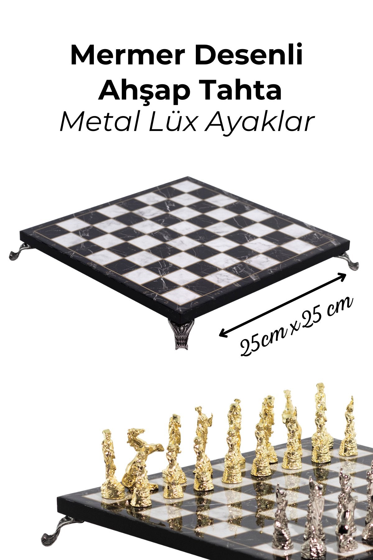 MC58 Uzak Doğu Figürlü Metal Satranç Takımı - Mermer Desenli 25x25 Ahşap Tahtasıyla - Lüks Hediyelik
