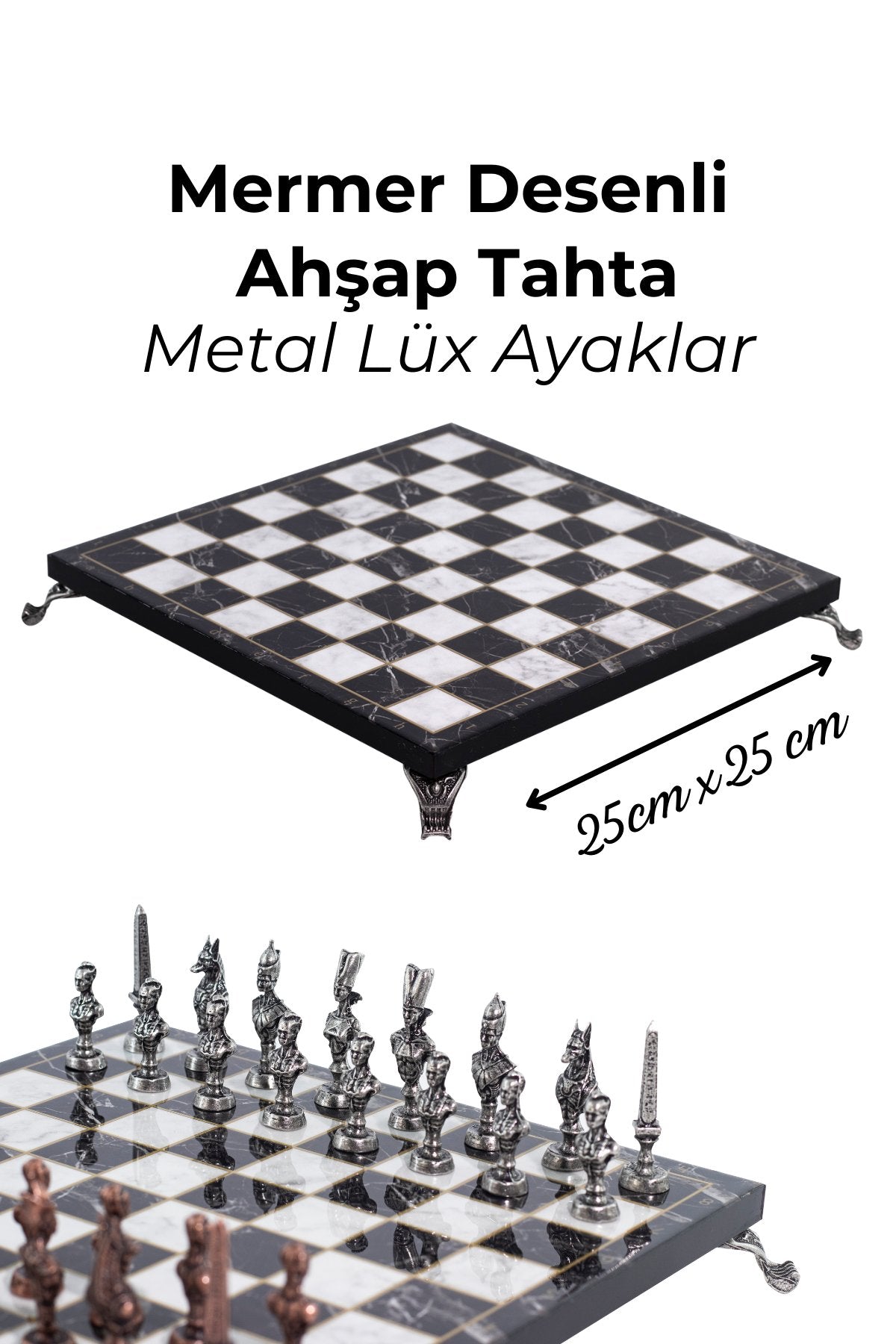 MC57 Antik Mısır Figürlü Metal Satranç Takımı - Mermer Desenli 25cm Tahta – El Yapımı Taşlar