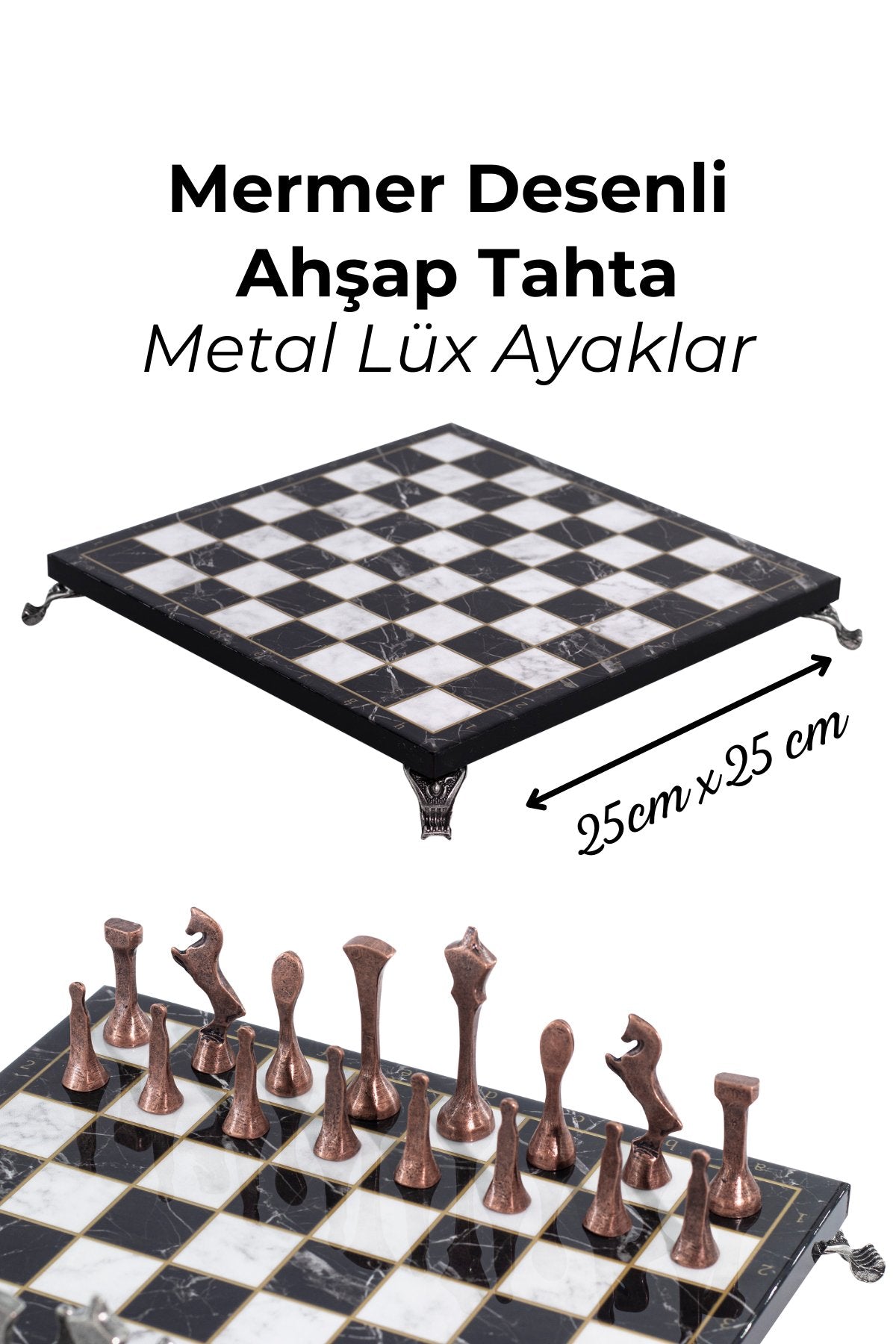 MC54 - Metal Satranç Takımı - 25cm Mermer Desenli Satranç Tahtası - Sertifikalı Antik Metal Taşlar