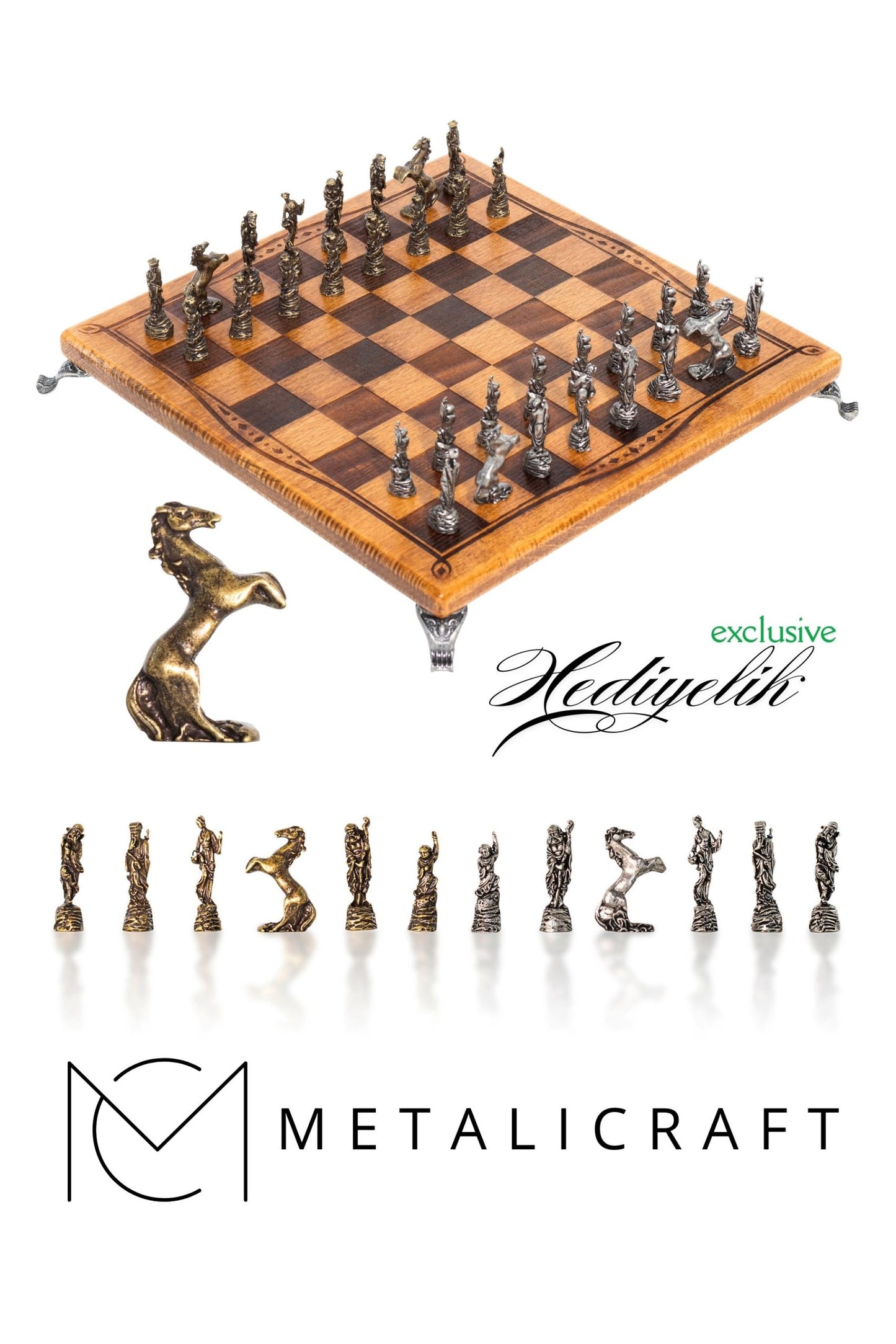 MC33 - Metal Satranç Takımı Çin Antik Figürlü Metal Taşlar – Gerçek Kayın Tahtası - Hediyelik Satranç Takımı - 25x25cm
