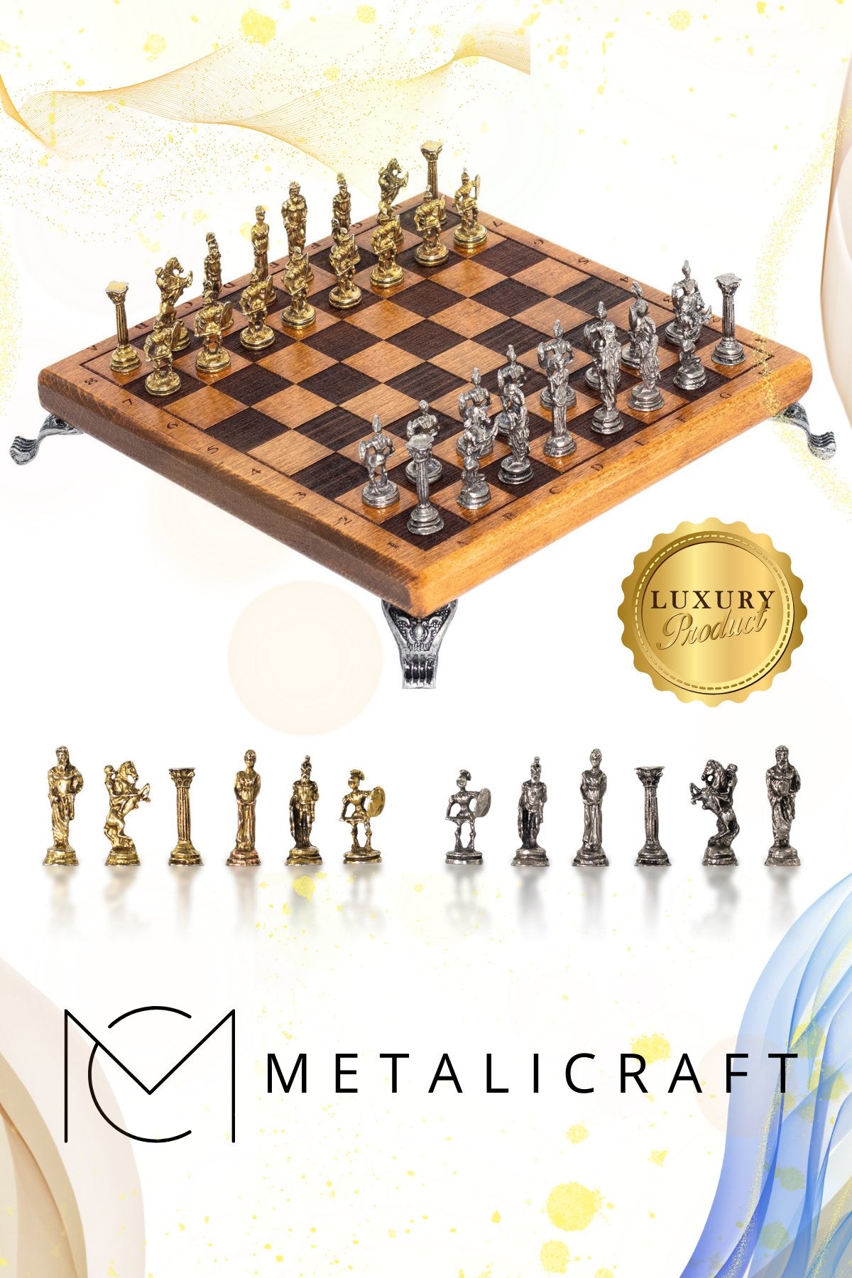 MC102 Satranç Takımı 25x25cm - Bizans Figürlü Metal Taşlar – Gerçek Ağaç Tahta – El Yapımı – Hediyelik